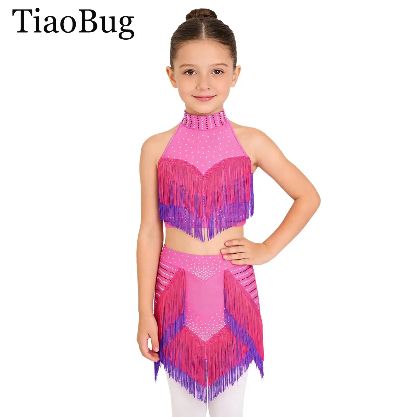 

Kids Girls Tassel Latin Dance Outfit Halter Sleeveless Rhinestone Crop Top with Shorts Skirt Cha-cha Ballroom Salsa Performance