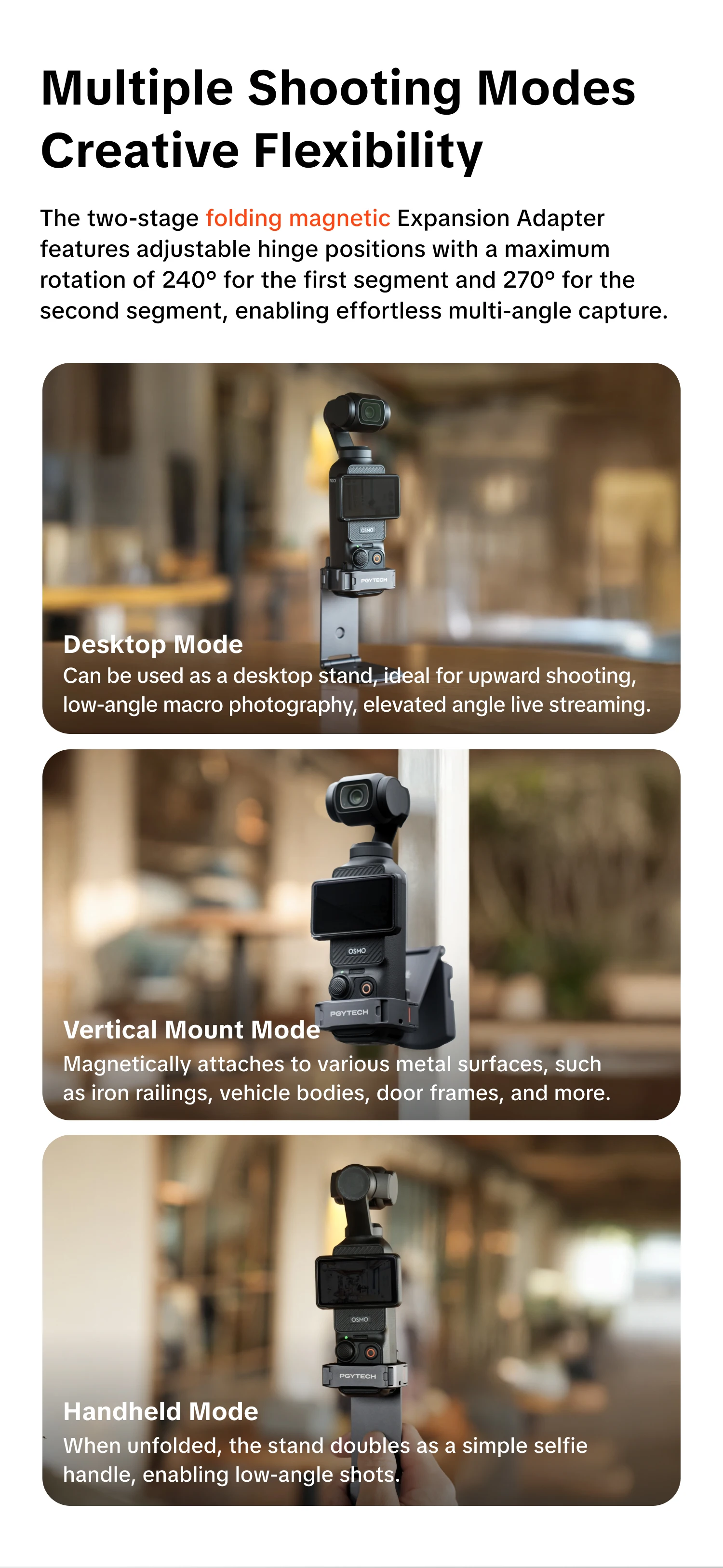 PGYTECH Magnetischer Erweiterungsadapter-Rahmen für DJI Osmo Pocket 3, Doppelt Faltbarer Ständer mit Arca-Swiss & Cold Shoe Halterung – Detail 2