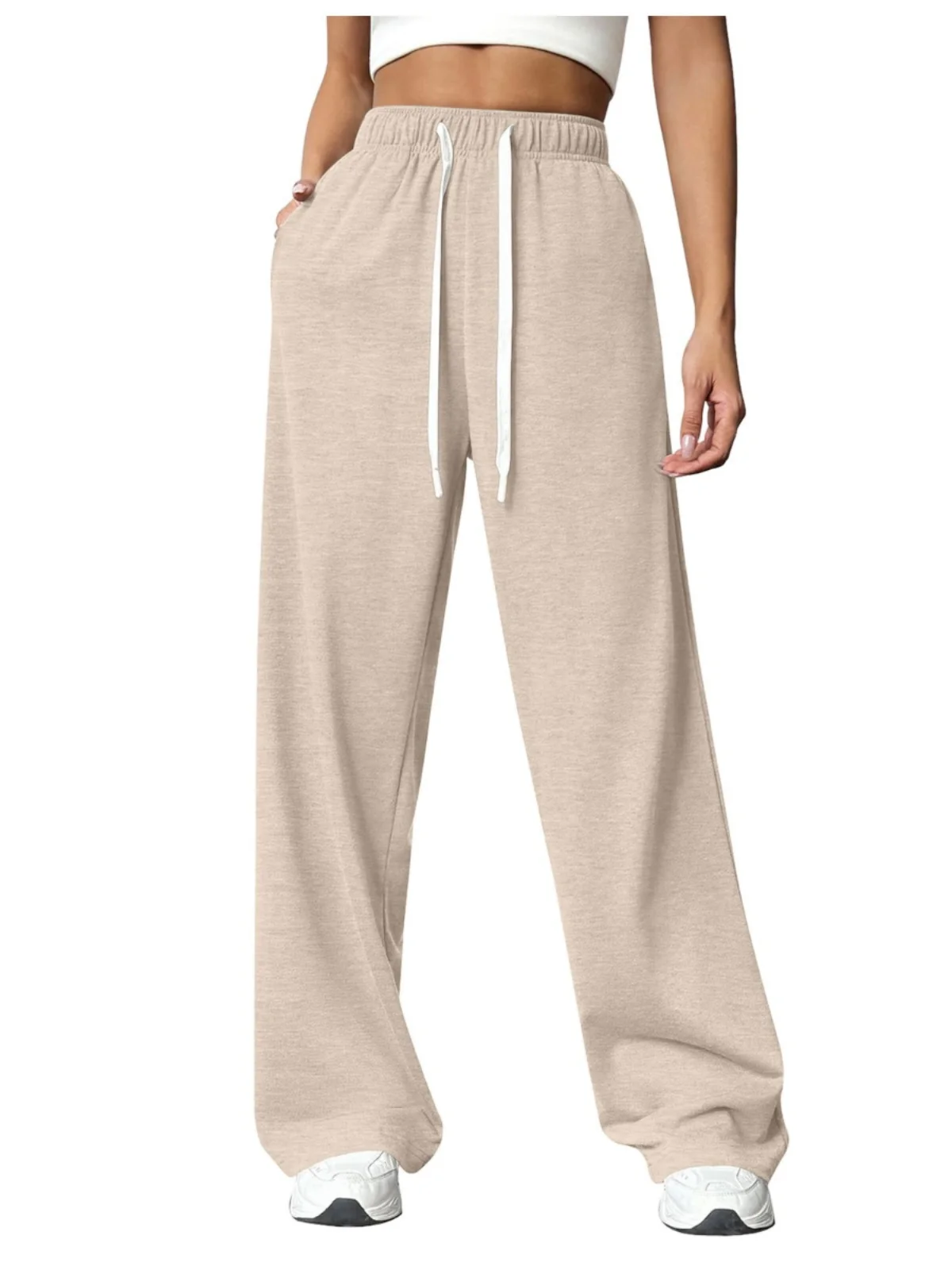 Autumn Winter Student High Waist Pocket Pure Color Fleece Thick Straight Leg Wide Leg Sweatpants Women's Casual Trousers