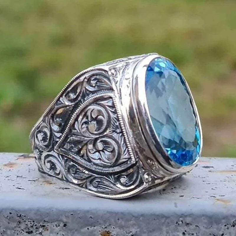 

Huajie Women's Ancient Silver Color Carving Vintage Patterns Rings Oval Cut Blue Zircon Classic Ladys Ring Jewelry Trend Tide