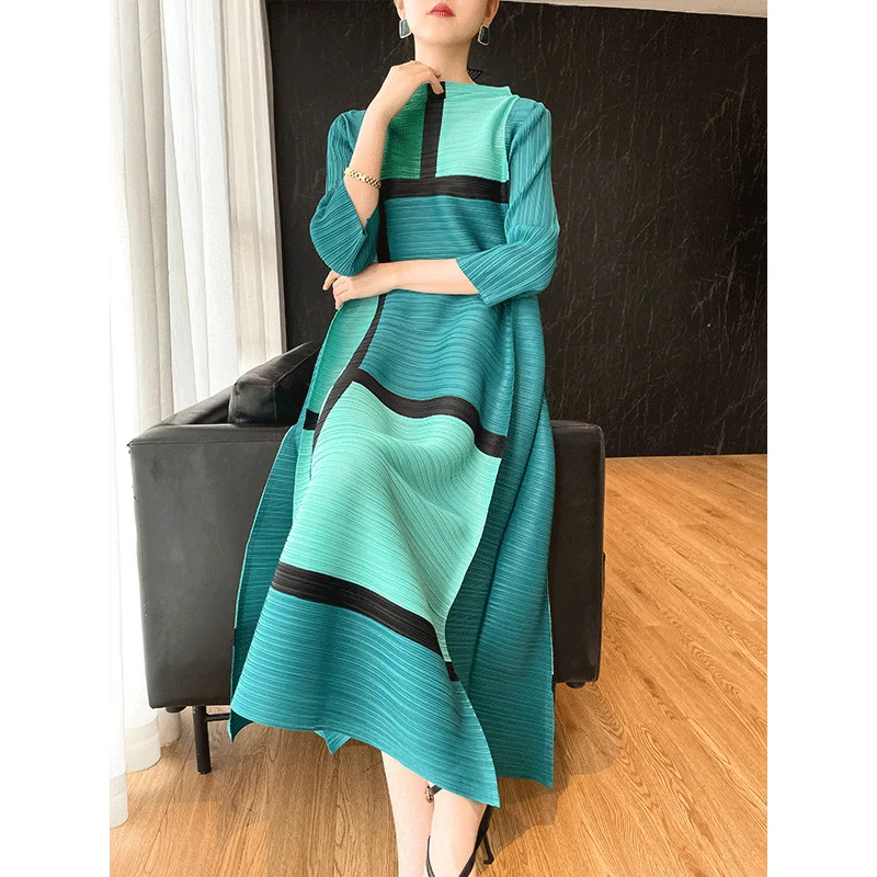 Miyake Pleated Geometric Print Dress for Women's 2024 Autumn New Original Designer Long Sleeve Pleated Loose Plus Size Dress