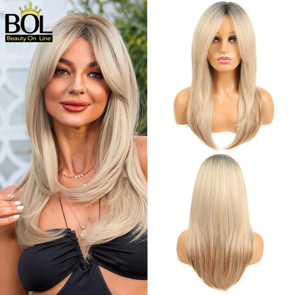 Synthetic Long Straight Wigs 20 Inch With Bangs Highlight Brown Blonde Cosplay Party Daily Use Heat Resistant Hair For Women