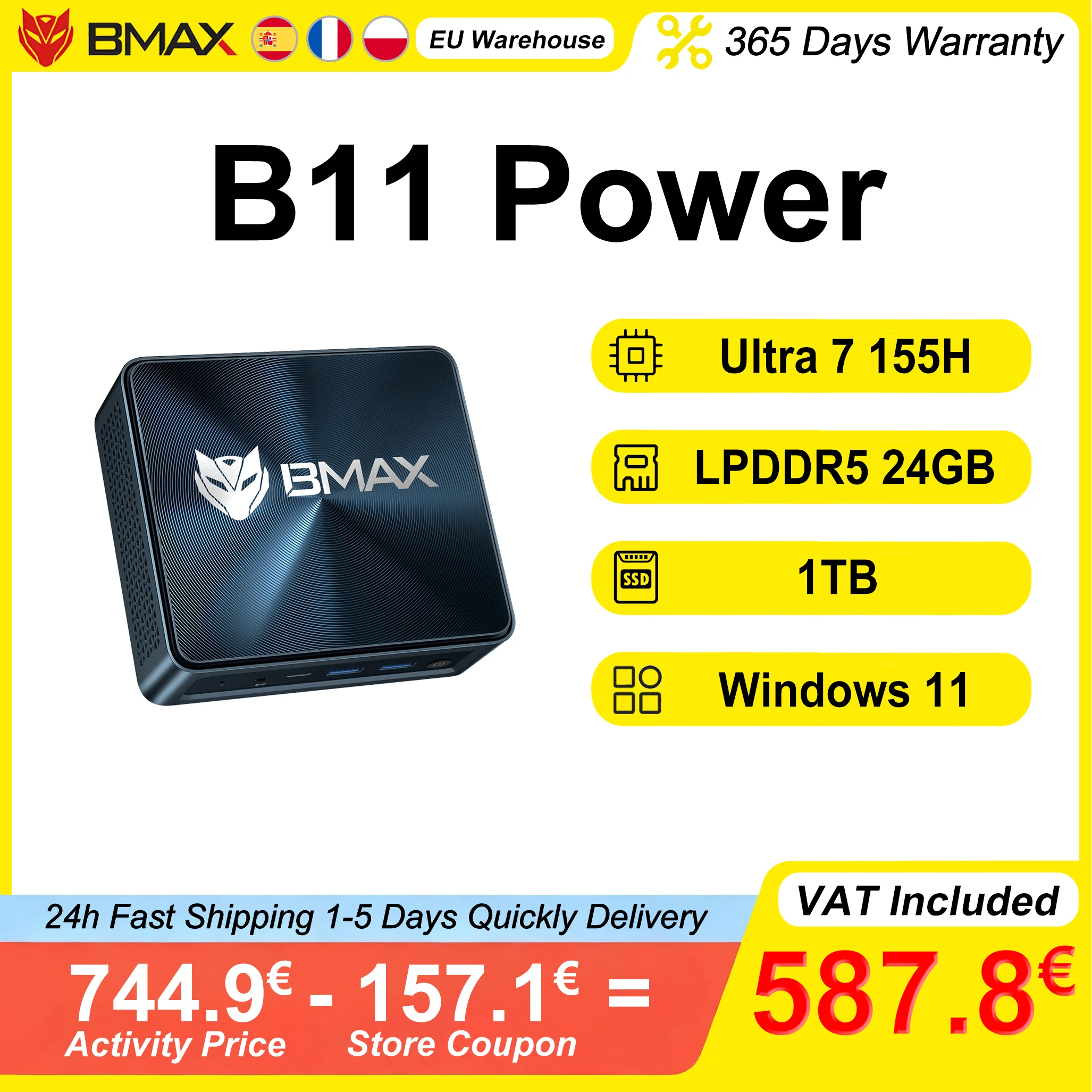 BMAX B11 Power Mini-PC Intel Core Ultra 7 155H 24 GB LPDDR5 4400MHz RAM 1 TB SSD Windows 11 Pro WiFi 6 Bluetooth 5.2 HDMI Typ C