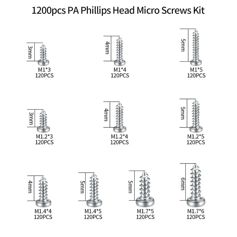 1200Pcs Mini Self-Tapping Electronic Screws kit DIY Sunglasses Watch Repair Screws with Tweezers M1/M1.2/M1.4/M1.7