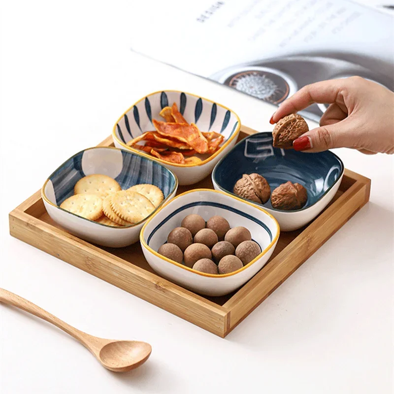 Ceramic Seasoning Dish Set Snack Platter Sauce Dish Solid Wood Pallet Set Square Dessert Plate Kitchen Supplies Dropshipping