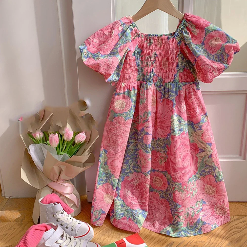 2-3 Year Old Girls with Pleated Bubble Sleeves and Floral Print Casual Dress Summer Promotion