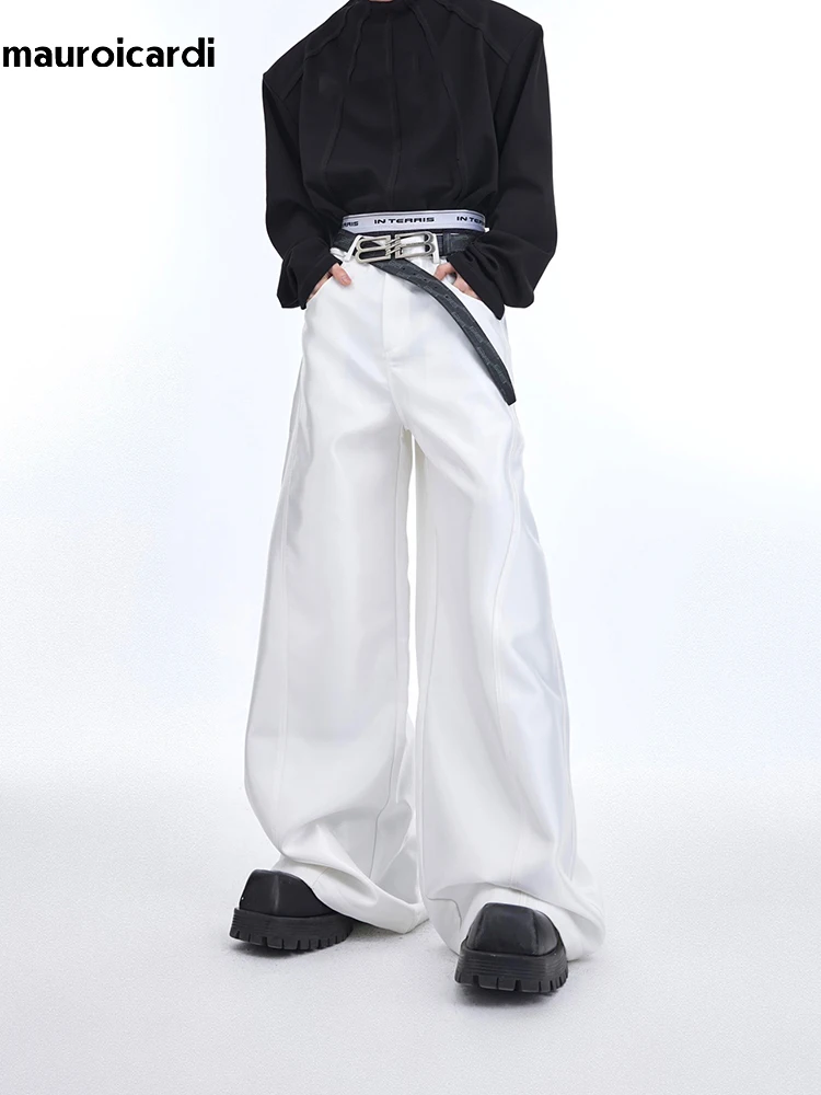 Mauroicardi Spring Autumn Long Loose Casual Glossy Baggy Flowy Soft Black Wide Leg Pants Men Luxury Designer Emo Clothing 2024