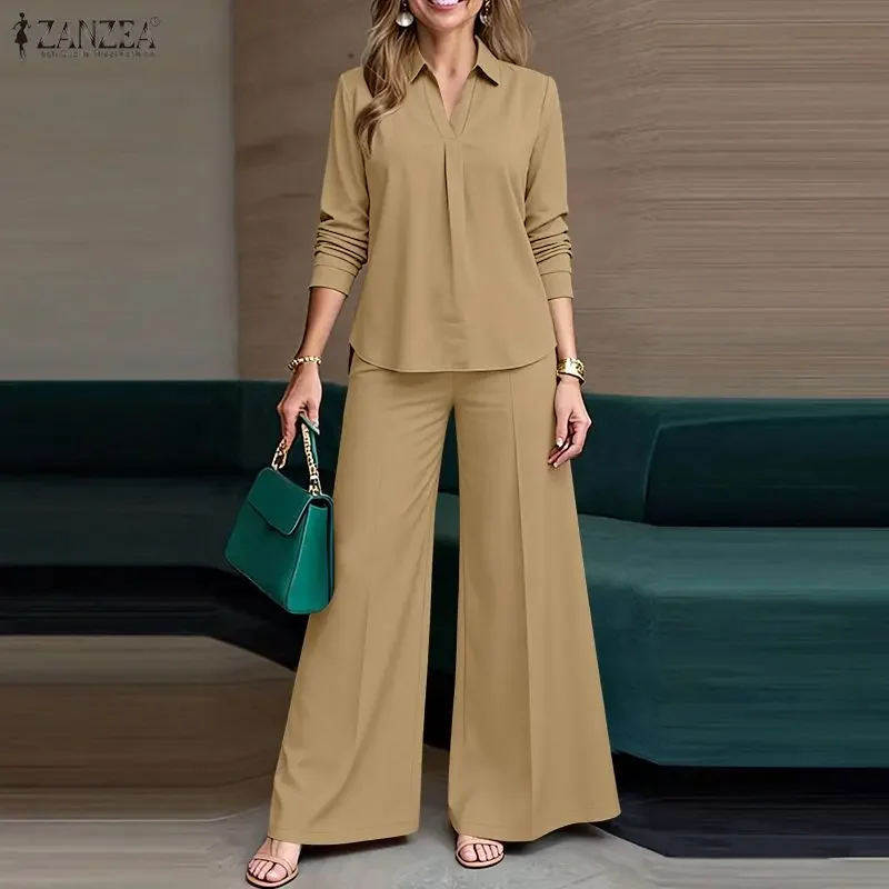2026 ZANZEA Office Lady Pants Sets Women V Neck Long Sleeve Tops Wide Leg Trousers Suit 2026 Spring Solid Work Outfits Tracksuit