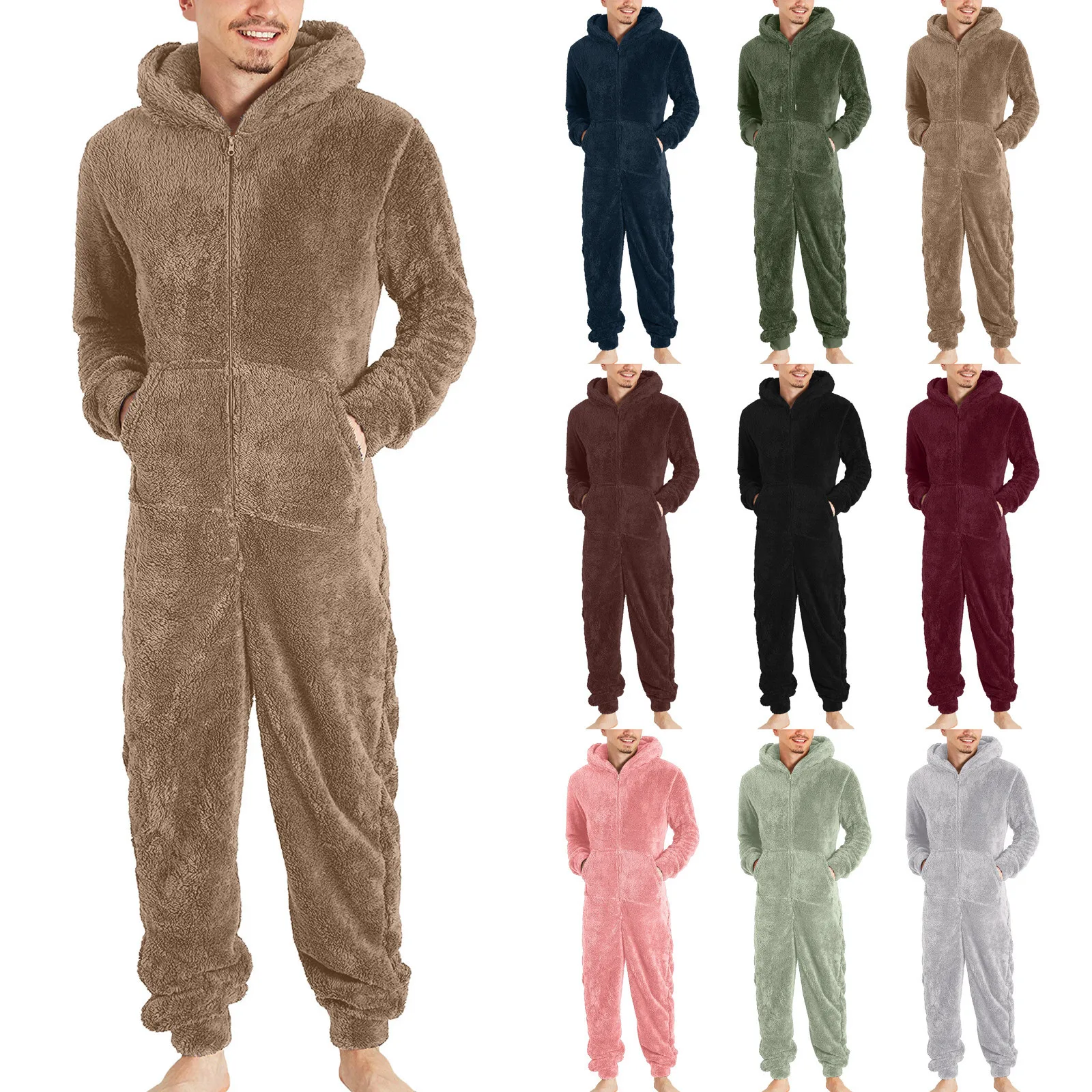 Winter Warm Teddy Fleece Pajamas for Men Plush Zipper Onesie Fluffy Hooded Sleepwear One Piece Sleep Lounge Pajama Jumpsuits