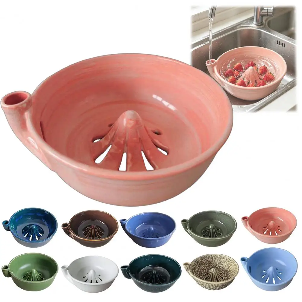 Strainer Bowl for Cherry Tomatoes Ceramic Berry Colander Bowl Self Spinning Berry Washing Bowl with 360° Vortex Ceramic Fruit