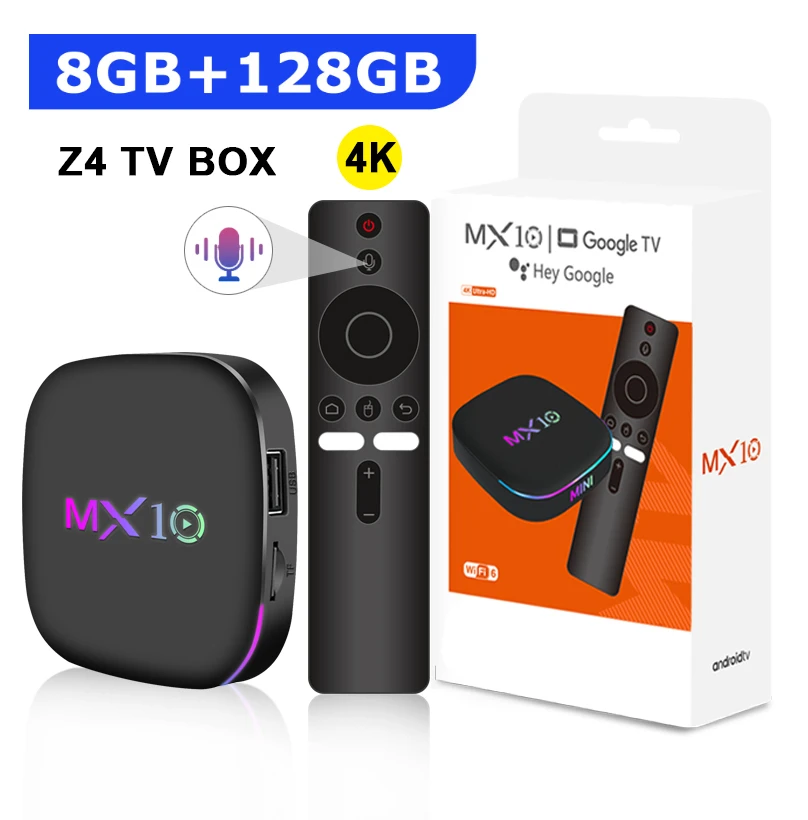 TV Box 4K MX10 Z4 Android 13 Allwinner H313, 8GB de RAM, 128GB de ROM, Smart Set Top Box con Control Remoto por Voz, Reproductor de Red, Smart TV Box