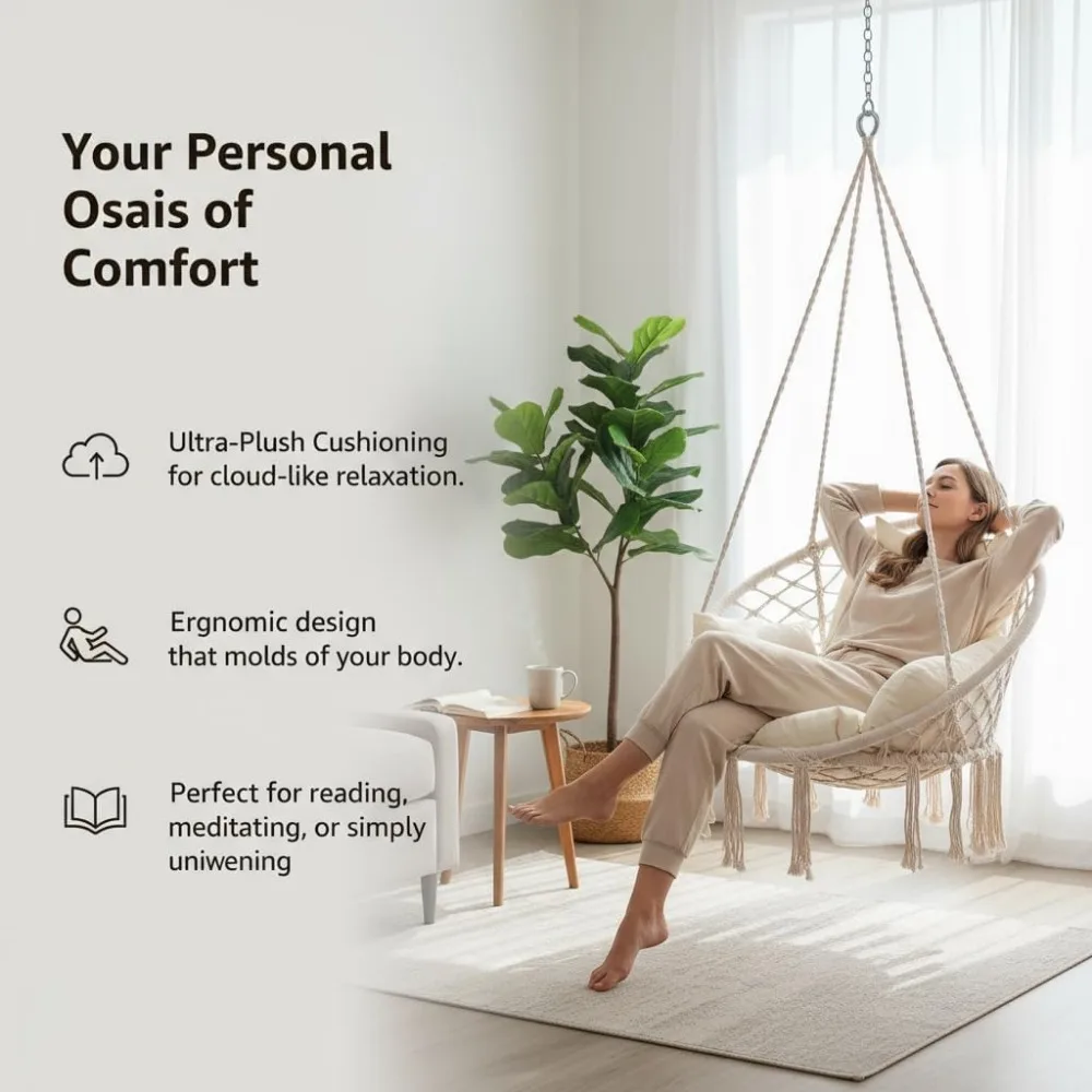 Comfortable Hanging Swing Chair with Cushion, Supports 330 Lbs for Indoor and Outdoor Use - White