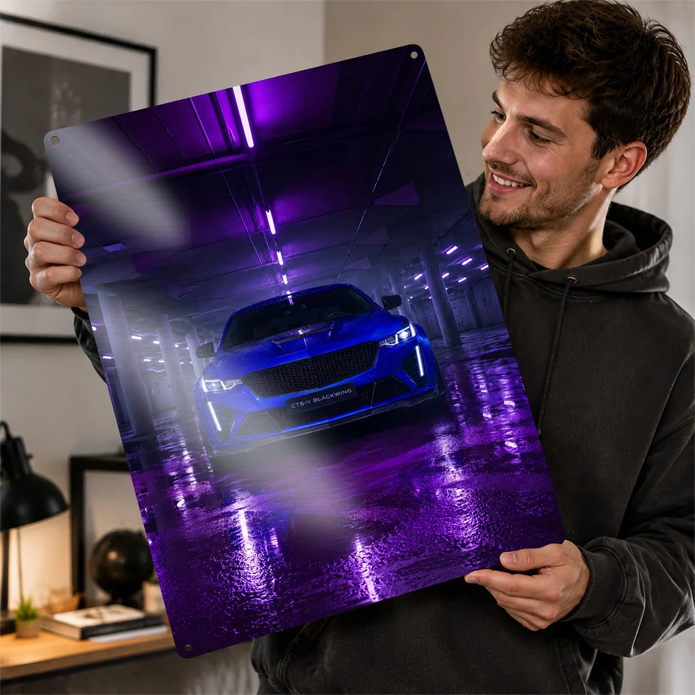 USA CT5-V Blackwing Electric Blue Sports Sedan Printed Poster Personalized Aluminum Metal Sign Track Style Wall Art In Any Den