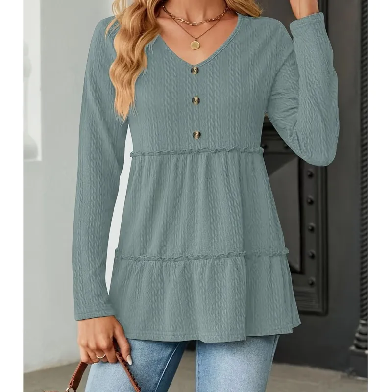 

Casual Woman For Top Spring Autumn New Arrival Loose Button Solid Color Comfortable Tops V-neck Long Sleeve Office Lady Blouse
