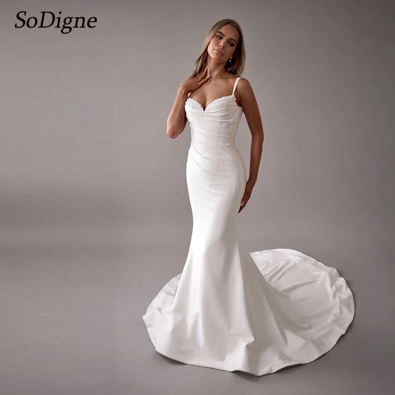 

SoDigne Customized Mermaid Simple Wedding Dresses Sweetheart Sleeveless Beading Satin Bridal Dress Women Long Wedding Gown