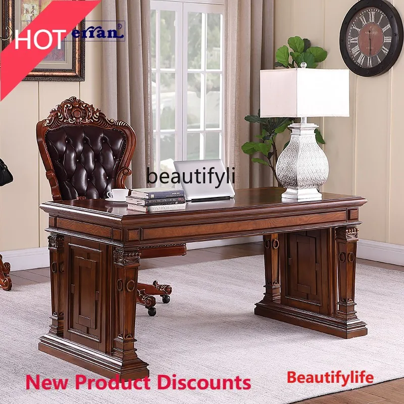 American Style Solid Wood Desk Home Office Writing Original Wood Carved Computer Calligraphy Desk  hr