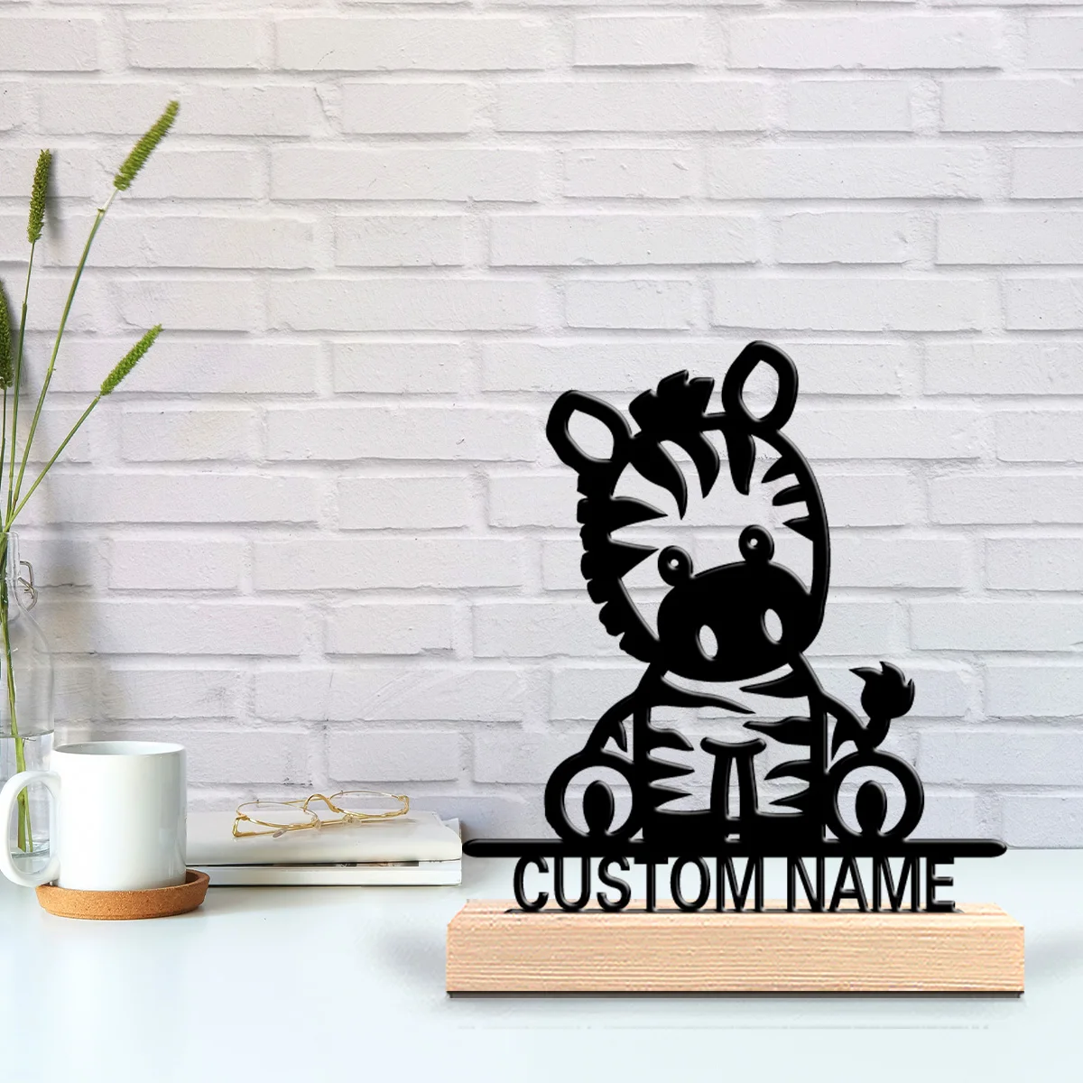 1pc Cute Personalized Custom zebra Metal Statues With Wooden Base Tabletop Decoration Cartoon Zebra Sculpture with Wooden Base,