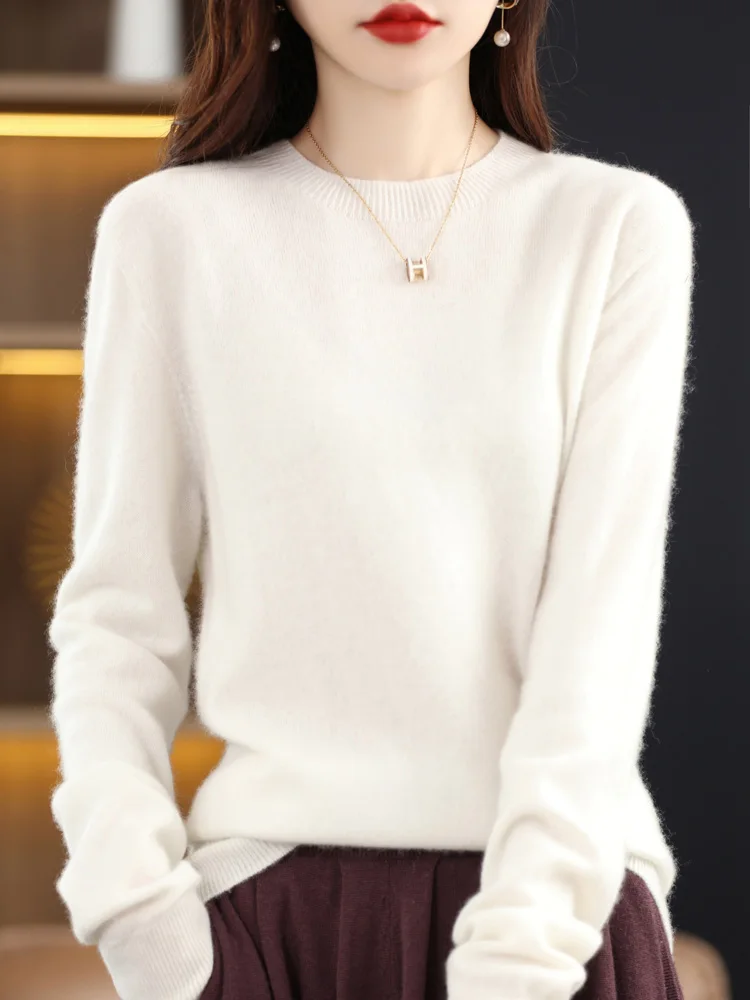 Autumn Winter Women Sweater 100% Merino Wool Basic O-neck Pullover Solid Casual Cashmere Knitwear Female Grace Clothing Tops