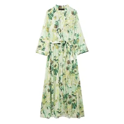 Tangada 2024 Women Green Flower Print Dress With Slash Long Sleeve Female Midi Dress 3H0491