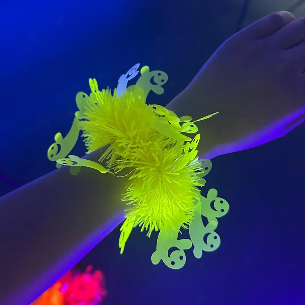 Safe Holiday Hand Decor Halloween Wrist Cuff Bracelet with Fluorescent Ghost Pumpkin Skull Bat Soft Fluffy Furry Circle for Kids