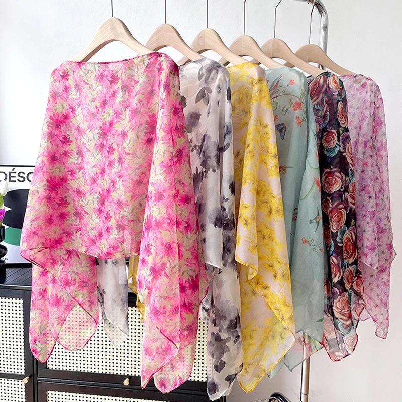 New Boho Floral Printed Shawl Sunscreen Scarf Shawl Long Sleeve Comfort Beach Loose Bikini Cover Tops Summer Woman Blouse