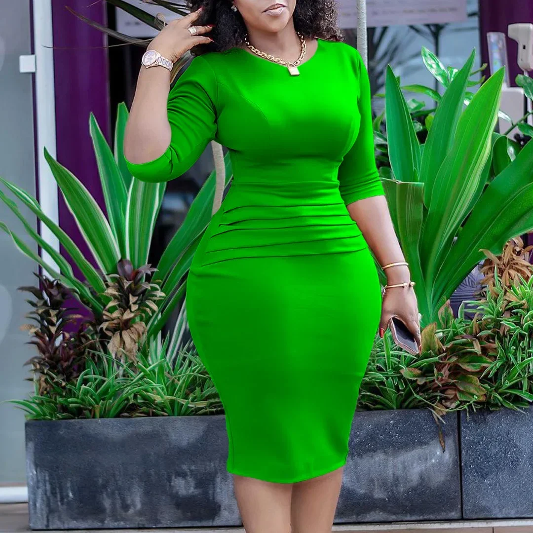 

Customized African Dresses For Women 2025 Summer Autumn Africa Clothing 3/4 Sleeve Sexy O-Neck Perspective Slim Dress Office Lad