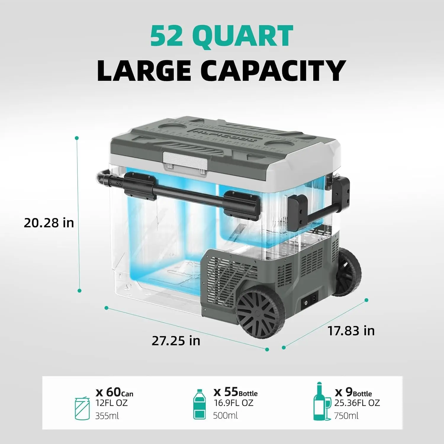 Refrigerador portátil para coche, refrigerador de 12 voltios con rueda, refrigerador para coche de 52 cuartos, Control independiente de zona Dual, portátil