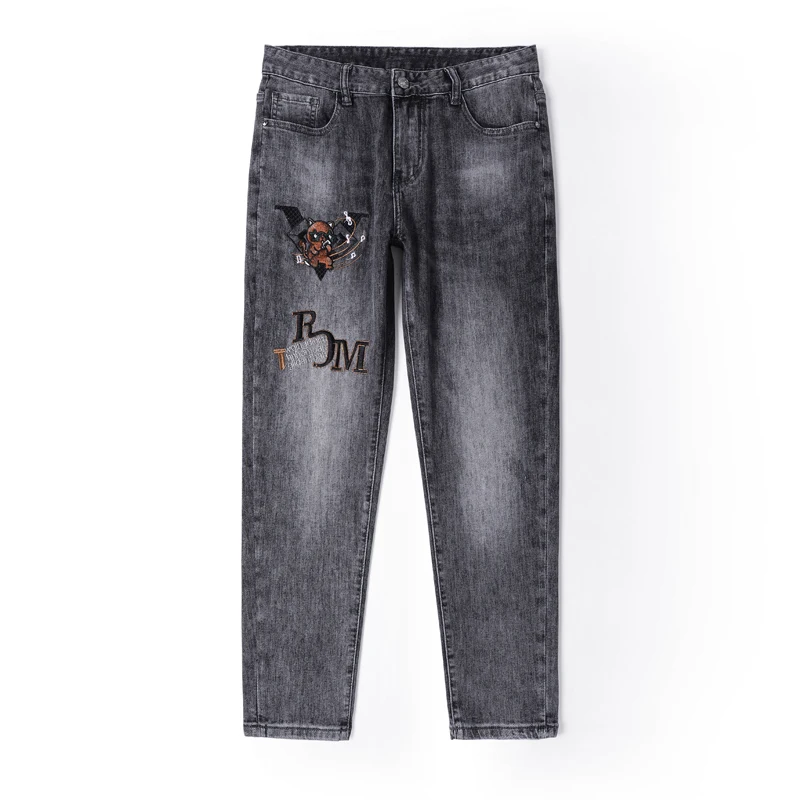 Calça jeans de corte fino bordado masculino, reto, fino, pé pequeno, casual, leve, luxo, moda, tendência de verão