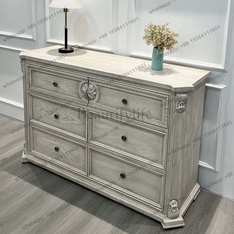 French retro solid wood six-bucket entrance cabinet bedroom old European carved storage cabinet