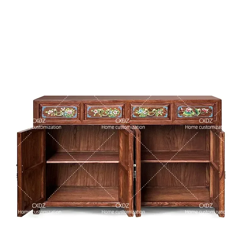 New Chinese Style Solid Elm Wood Side Cabinet Painted Entrance Storage Console with Simple Drawers Living Room Flower and