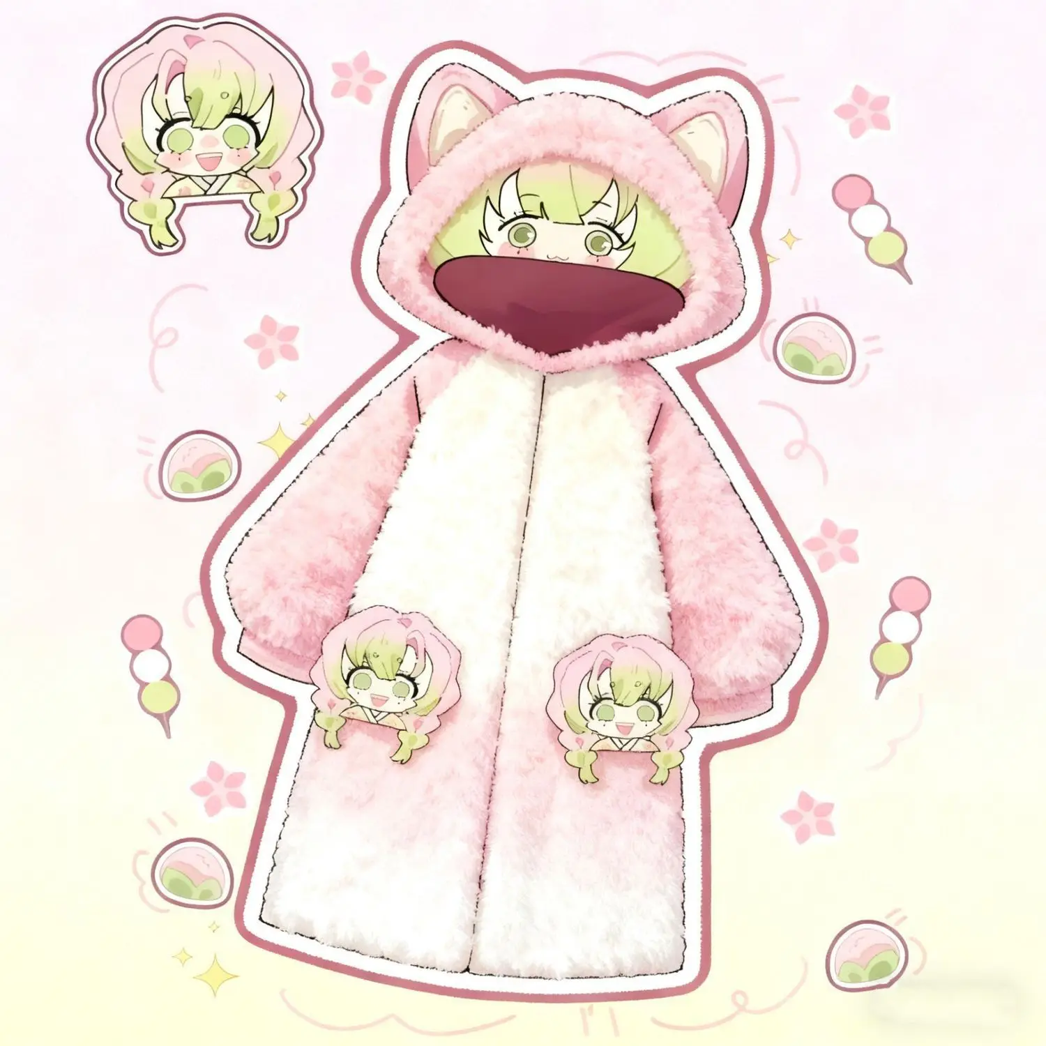 New Cute Sweet Demon Slayer Kanroji Mitsuri Women's Creative Anime Cartoon Pattern Fashion Loose Comfortable Coral Fleece Robe
