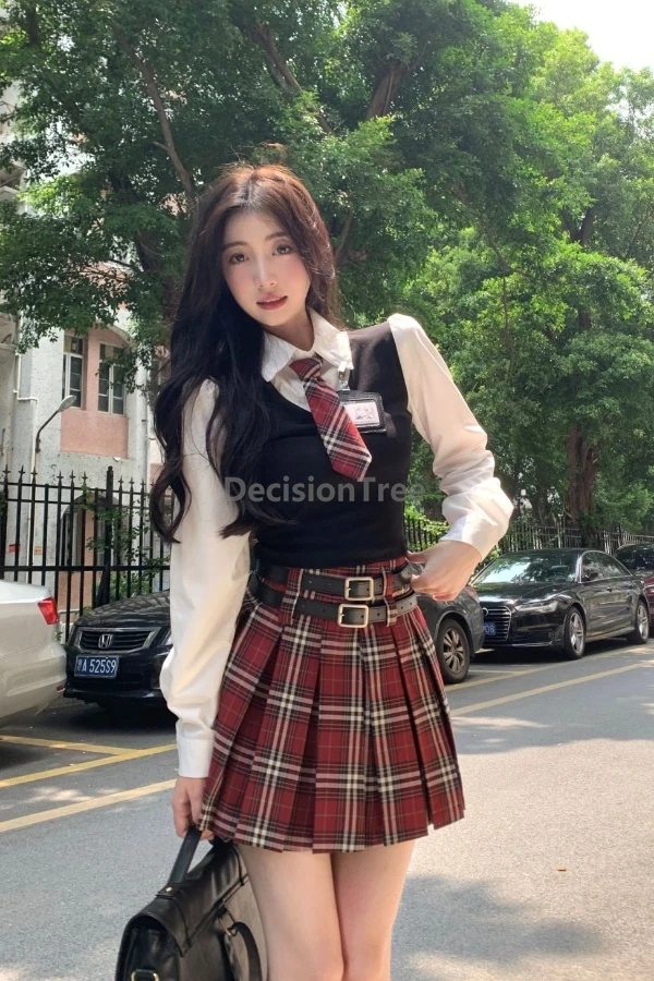 2025 dolce alla moda uniforme scolastica coreana autunno manica lunga camicia patchwork gonna scozzese stile accademia jk uniforme set da 2 pezzi