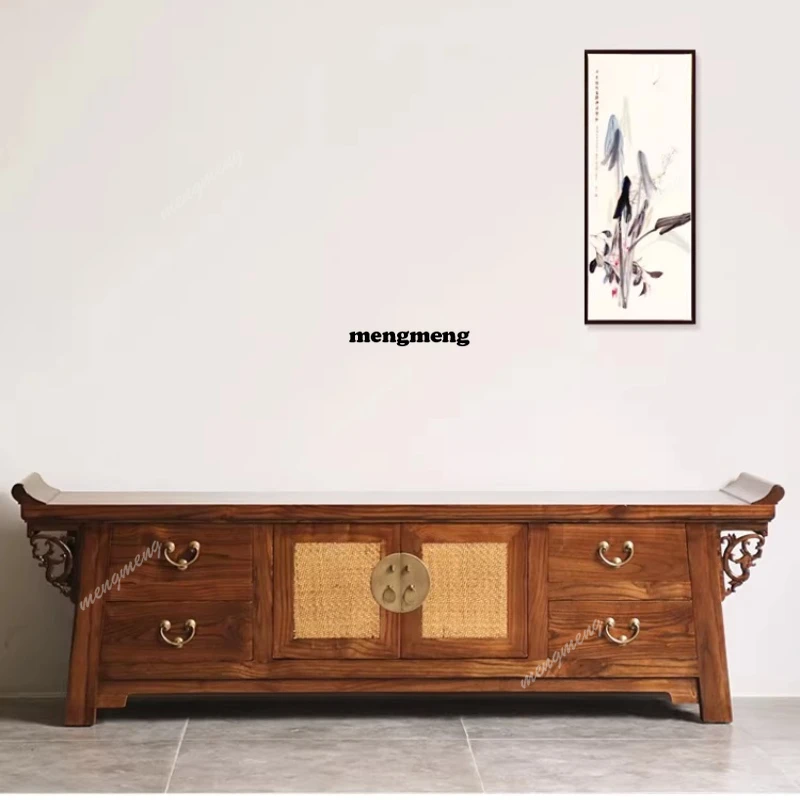 New Chinese TV cabinet elm rattan mat top tilted living room floor cabinet solid wood classical audio-visual cabinet