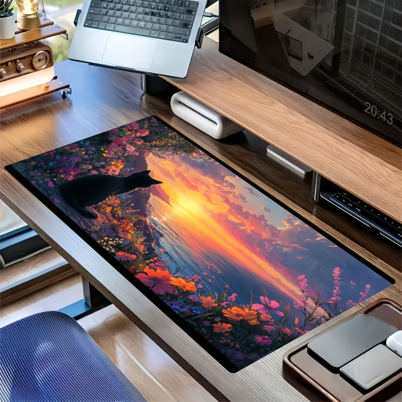 Large Black Cat Flower Sea Sunset Romantic Style Gaming Mouse Pad - Ideal Perfect Gift for Gamers, Extra-Large Desk Mat
