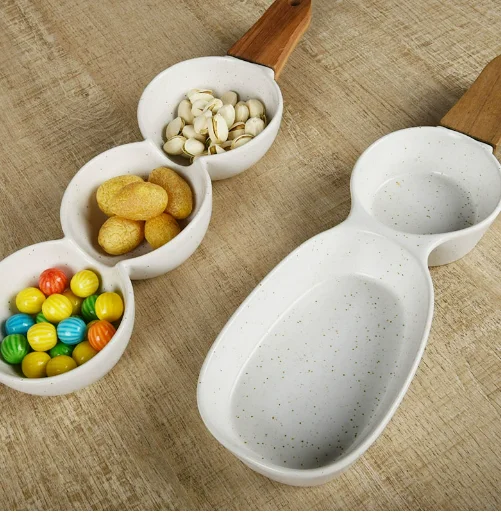 

Ceramic Plate with Wooden Handle Two Grids Bowls Snacks Platter Fruit Plate Salad Bowl Dessert Plates Decorative Bowls Dishes