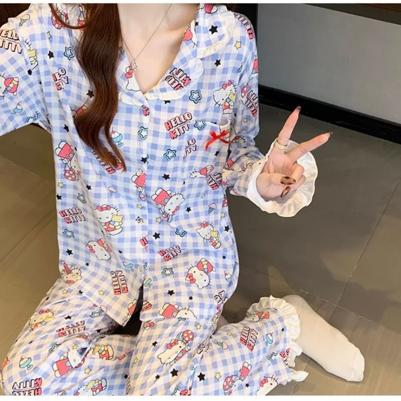 

Женские пижамные комплекты для сна Hello Kitty, кавайные весенне-осенние штаны с длинными рукавами с героями мультфильмов, одежда для сна для отдыха, домашняя одежда, новинка