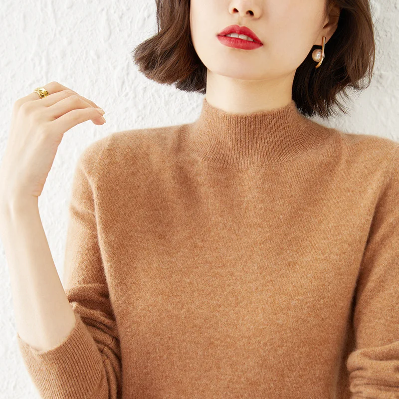 

Women's Thickened Semi-Turtleneck Knitted Sweater Solid Color Loose Pullover for Autumn Winter Short Style