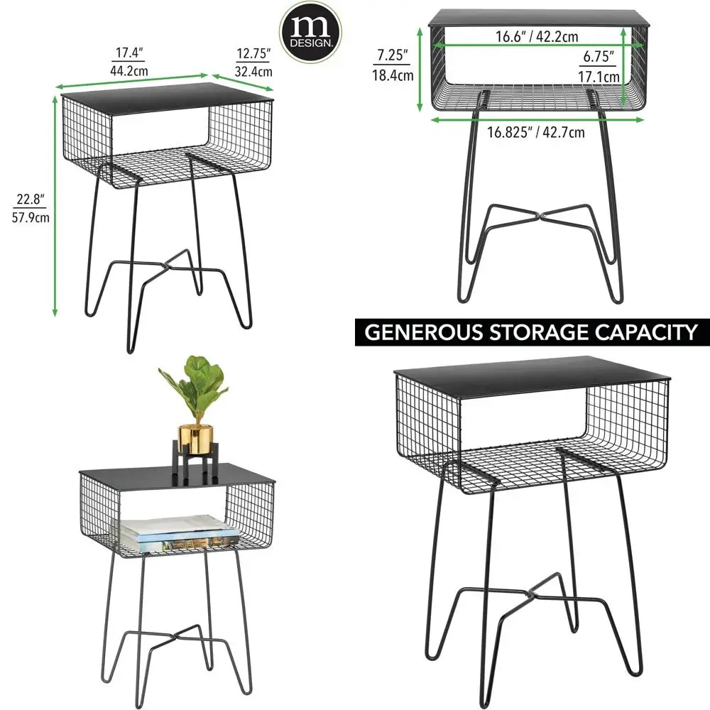 

Black Steel Nightstand with Storage Shelf and Basket for Bedroom, Living Room, Home Office - Rustic Modern Accent Furniture