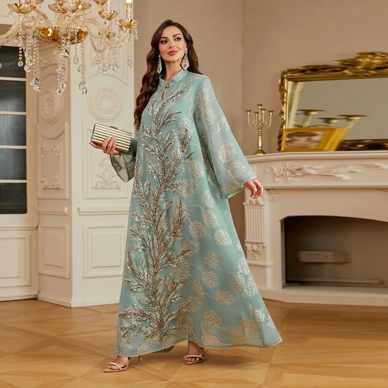 Arab Long Robe Eid Muslim Abaya for Women Party Dresses Sequins Mesh Jalabiya Morocco Dubai Abayas Kaftan Islam Ramadan Vestidos