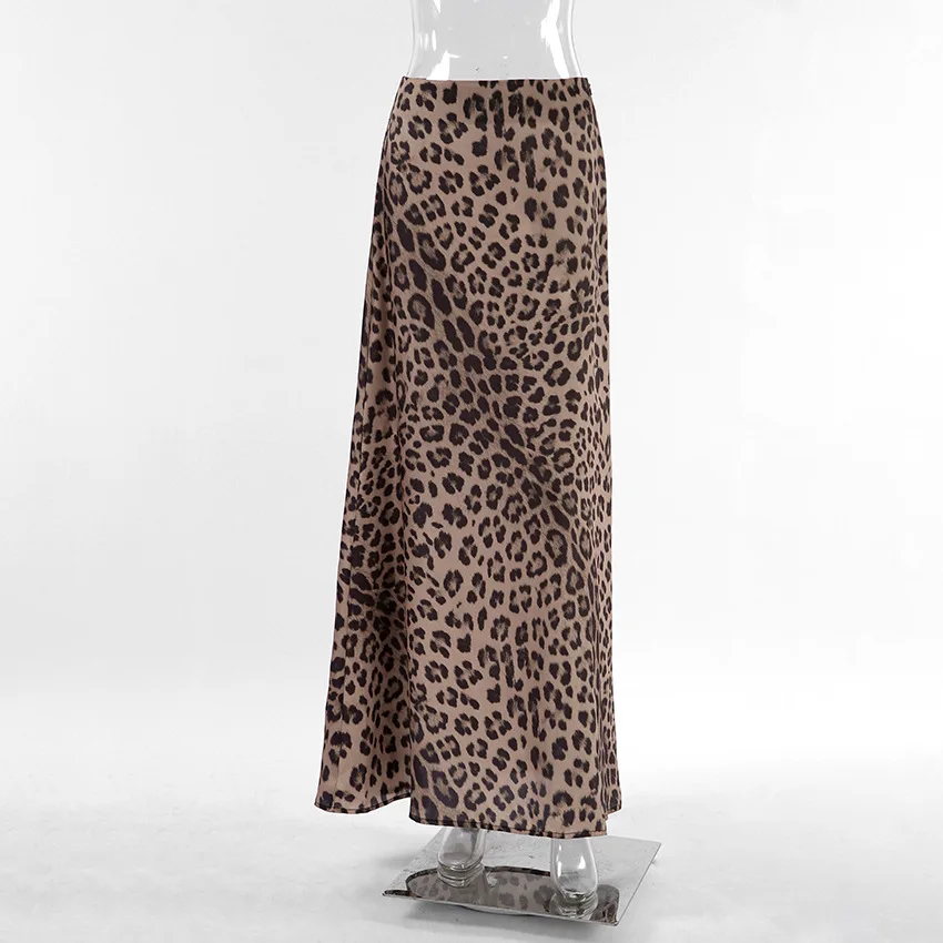 Leopard Print Long Satin Maxi Skirt Women Summer Elegant Ladies Luxury Fishtail Skirts for Women Silk Floor-length Skirts