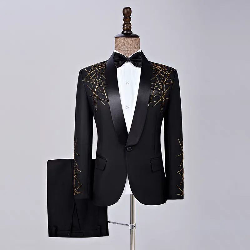 

Элегантный костюм-двойка, мужской модный приталенный пиджак со стразами + брюки, комплект для свадебного хозяина, жениха, певицы, хора, сценический наряд