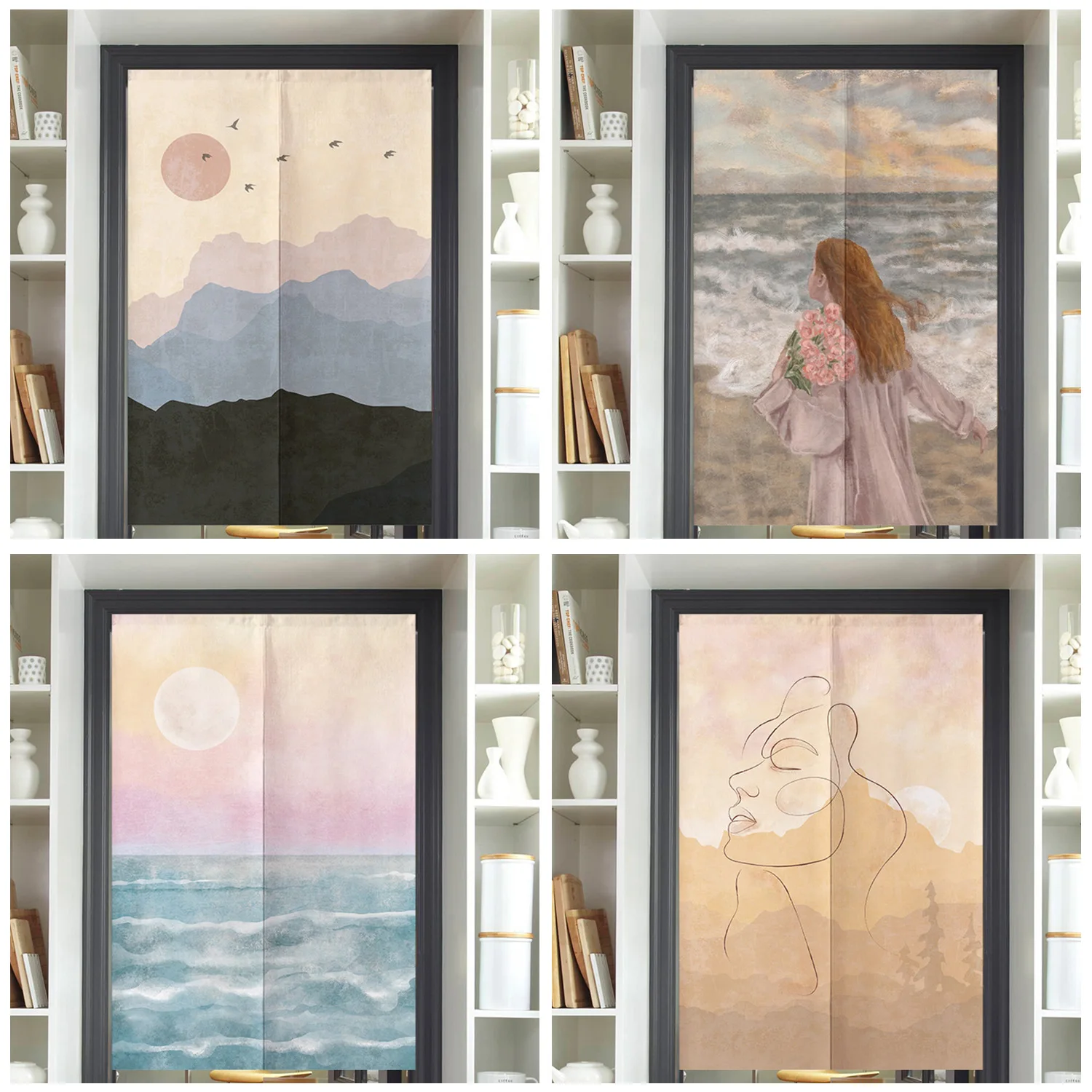 Seaside Illustration Theme Door Curtain Kitchen Entrance Bathroom Blocking Door Curtain Fabric Partition Decoration Linen Noren