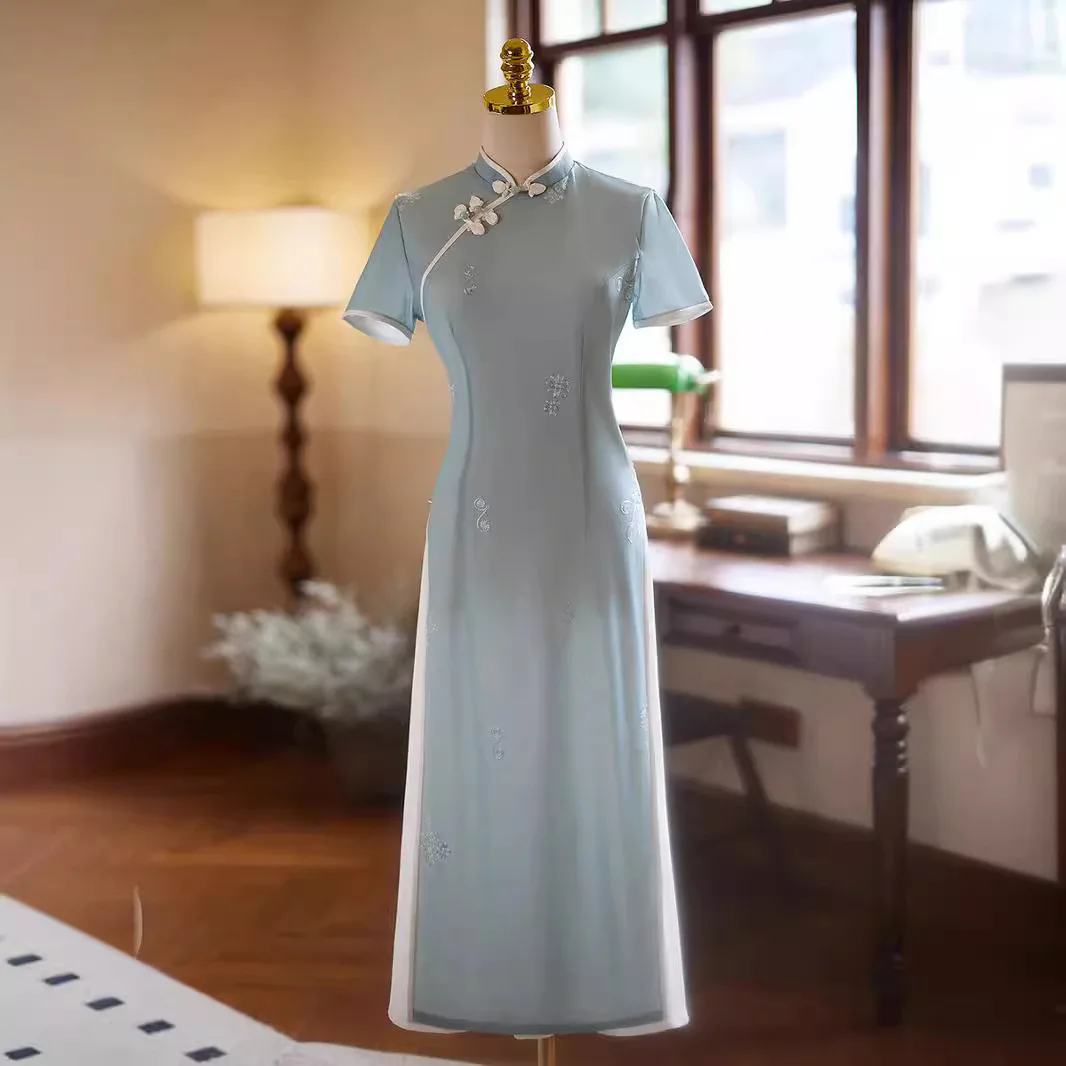 

New Women Blue Long Cheongsam Summer Short Sleeve Elegant Vintage Embroidery Dress Gentle Qipao S To 2XL High-Fashion