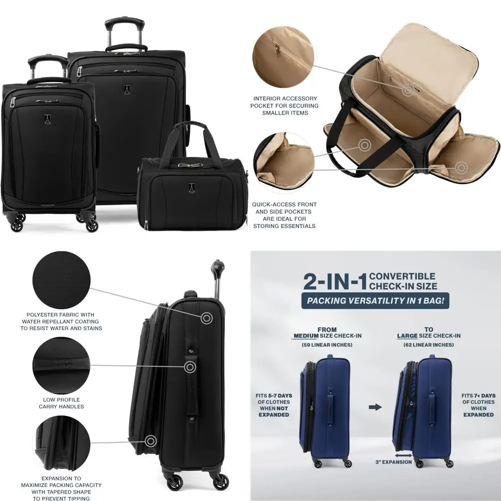 

Комплект багажа из 3 предметов: мягкая сумка для ручной клади, сумка-поседатель и расширяемый чемодан в клетку среднего и большого размера.