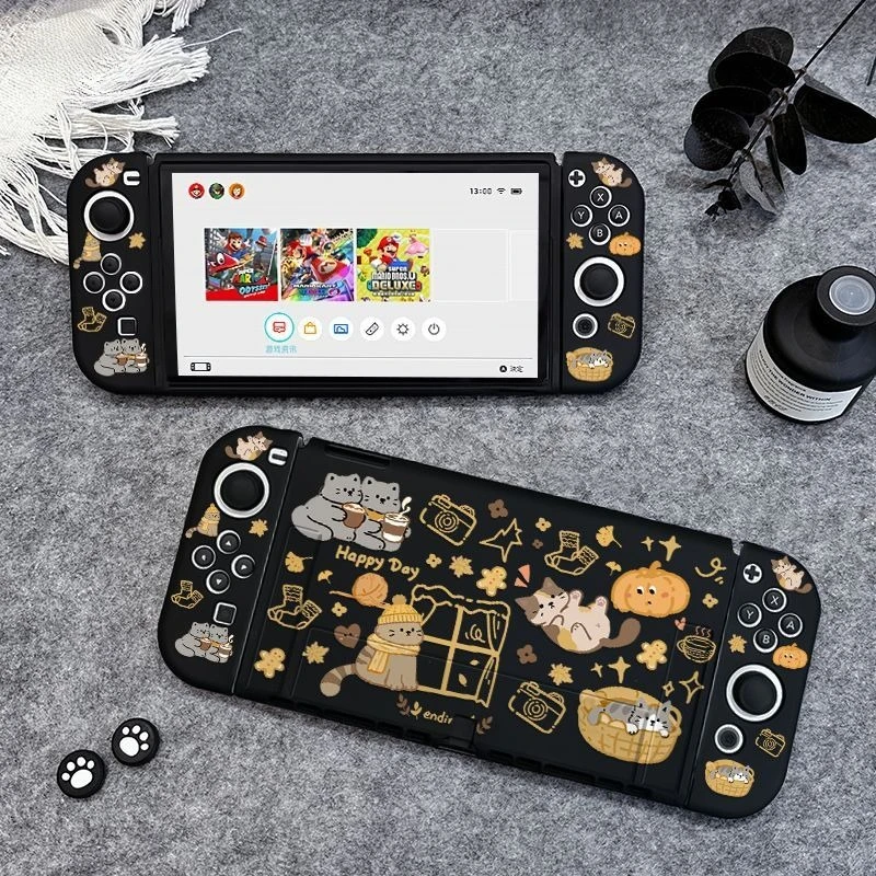 Autumn Cartoon Cat Silicone Protective Case Compatible with Switch OLED & Switch 2, Great Gift Choice for Game Lovers