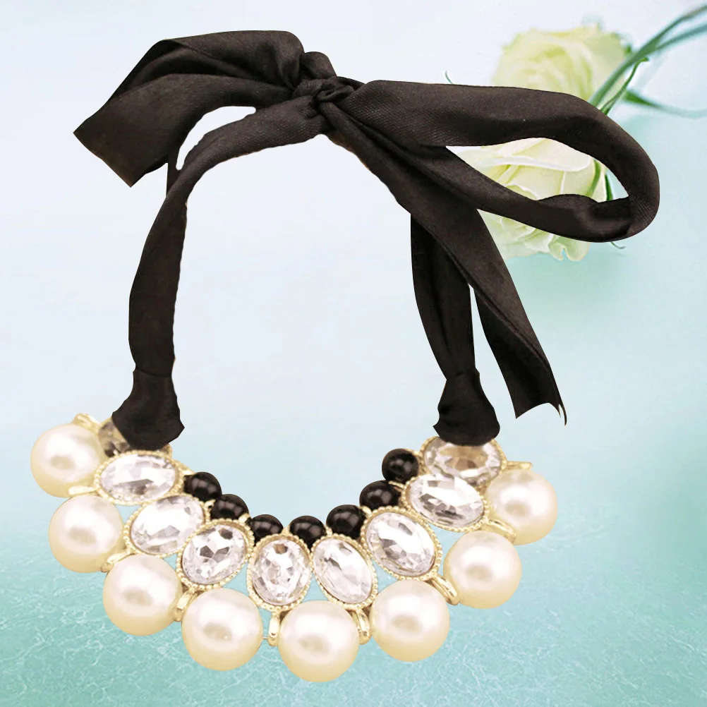 

White Ribbon Pearl Necklace Choker False Collar with Big Acrylic Gems Pendant Elegant for Women False Collar Necklace
