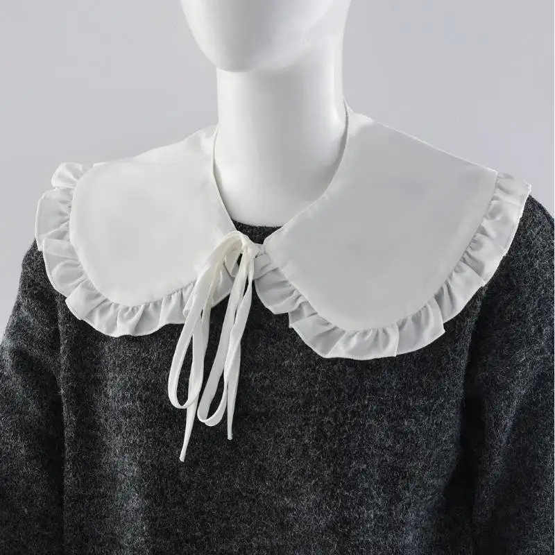 Weißer Schal für Puppen, falscher Kragen für Damen und Mädchen, mit Rüschenbesatz, abnehmbarer Halbhemdkragen, Bluse mit Schnürband. – Detail 2