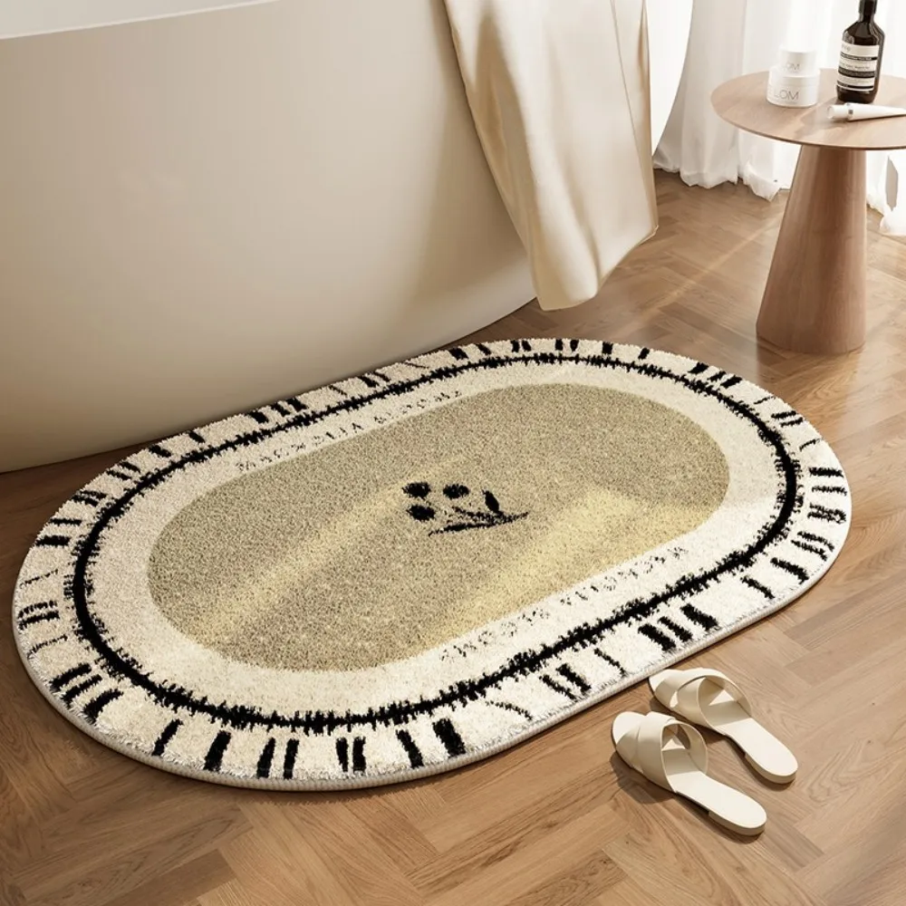 VIKAMA Contrast Striped Oval Shaggy Rug Bathroom Hallway Water Absorbent Non Slip Soft Comfort Floor Mat Wabi Sabi Home Decor