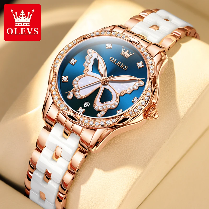 OLEVS Women Watch Luxury Butterfly Diamond Rose Gold Ceramics Steel Watches Quartz Waterproof Luminous Ladies Wristwatches