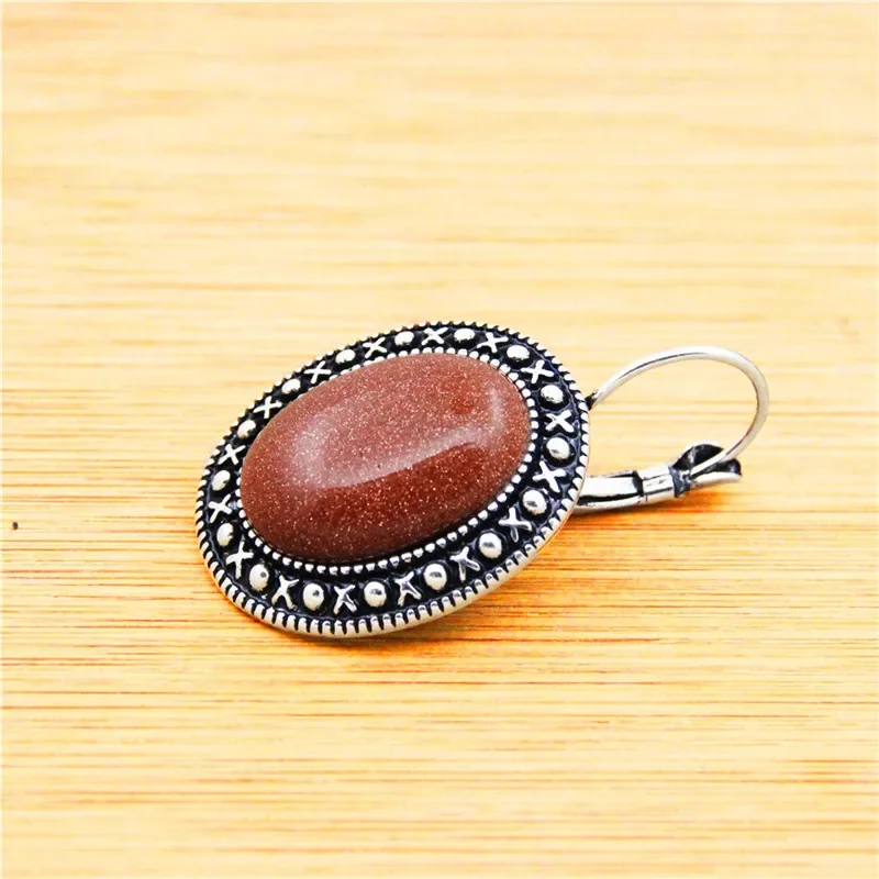 Oval Sequins Golden Stone Earrings For Women Antique Silver Plated Fashion Hook Earring